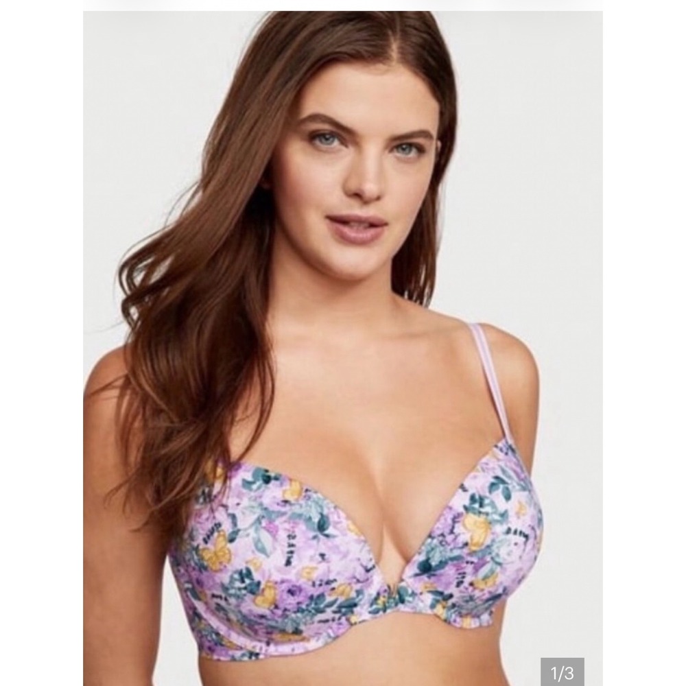 Victorias Secret Floral Butterfly Push Up Bra Purple Yellow 34D Underwire